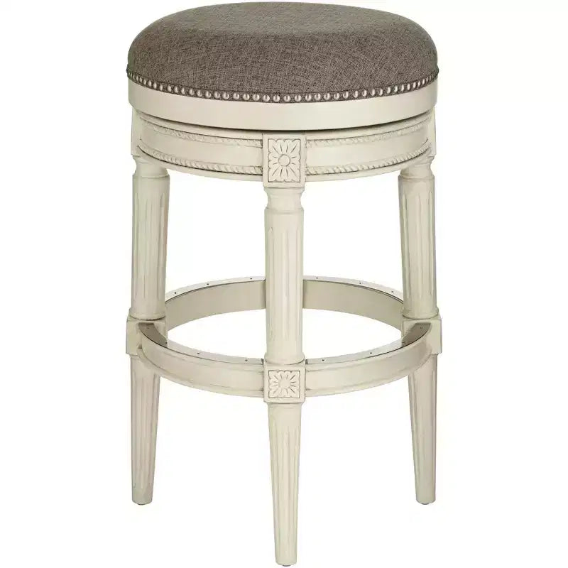 Wood Swivel Bar Stool Distressed White 30 1/2 High Traditional Gray Round Cushion with Footrest for Kitchen Counter Height