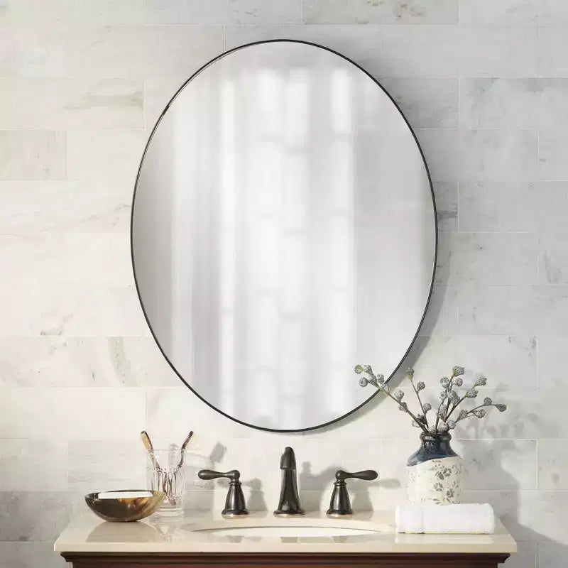 Oval Vanity Decorative Wall Mirror Modern Matte Black Metal Frame 23 1/2 Wide for Bathroom Bedroom Living Room Office Home Entryway