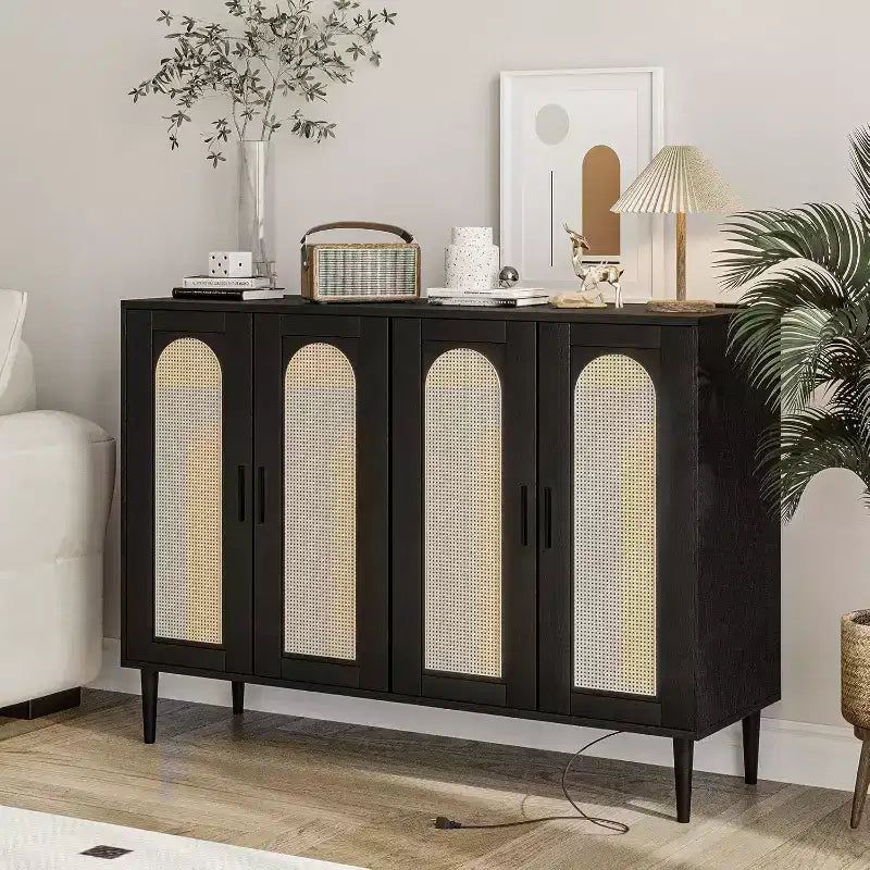 Sideboard Buffet Cabinet, 4 Rattan Doors Accent Storage Cabinet with Adjustable Shelves for Living Room