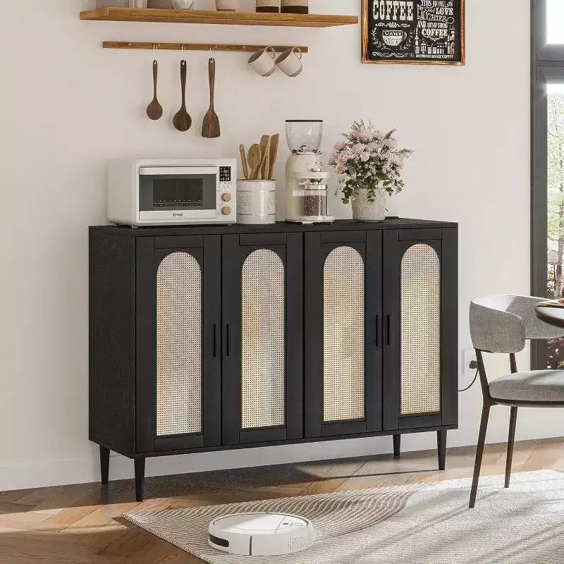 Sideboard Buffet Cabinet, 4 Rattan Doors Accent Storage Cabinet with Adjustable Shelves for Living Room