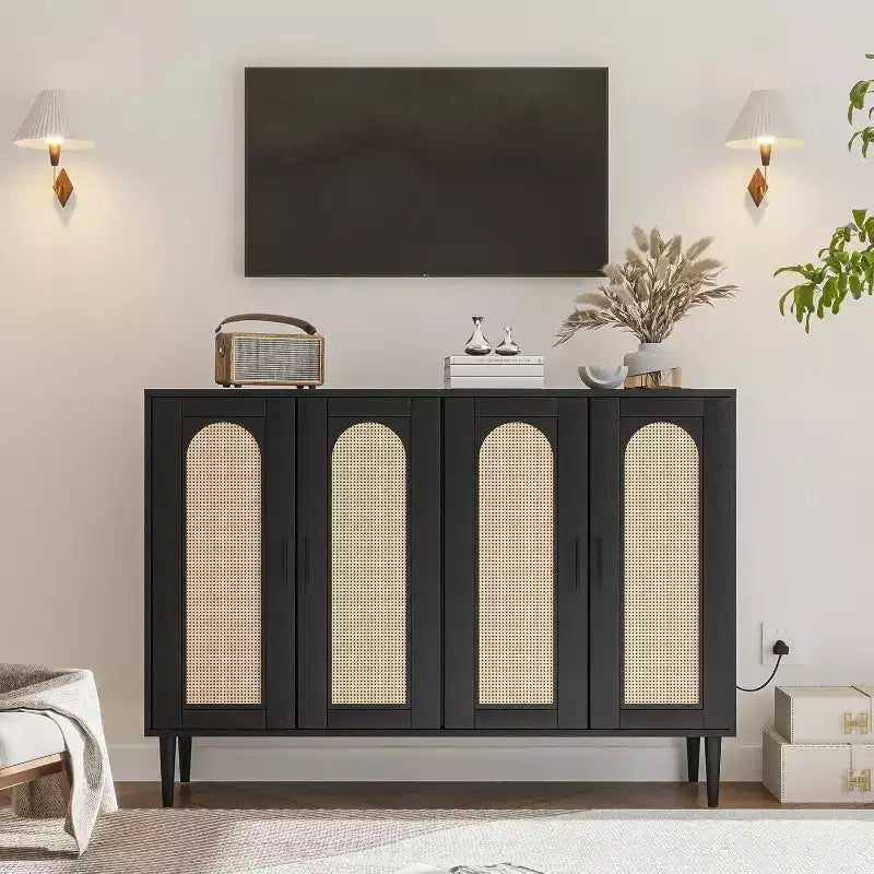 Sideboard Buffet Cabinet, 4 Rattan Doors Accent Storage Cabinet with Adjustable Shelves for Living Room