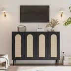 Sideboard Buffet Cabinet, 4 Rattan Doors Accent Storage Cabinet with Adjustable Shelves for Living Room