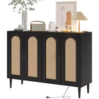 Sideboard Buffet Cabinet, 4 Rattan Doors Accent Storage Cabinet with Adjustable Shelves for Living Room
