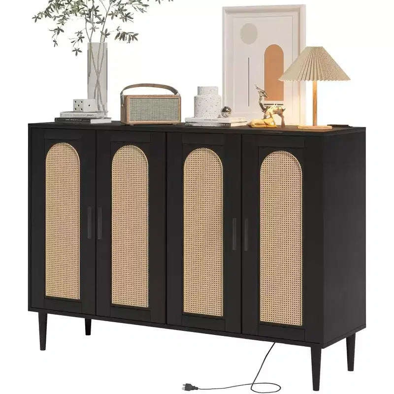 Sideboard Buffet Cabinet, 4 Rattan Doors Accent Storage Cabinet with Adjustable Shelves for Living Room