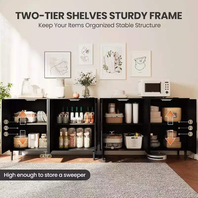 Sideboard Buffet Cabinet, 4 Rattan Doors Accent Storage Cabinet with Adjustable Shelves for Living Room