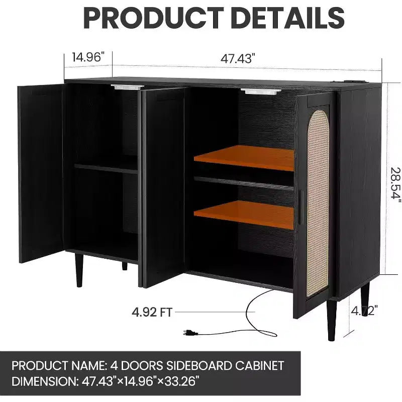 Sideboard Buffet Cabinet, 4 Rattan Doors Accent Storage Cabinet with Adjustable Shelves for Living Room