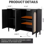 Sideboard Buffet Cabinet, 4 Rattan Doors Accent Storage Cabinet with Adjustable Shelves for Living Room