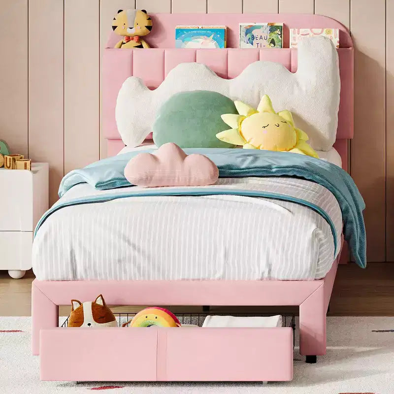 Twin Bed Frame with Drawer, Velvet Upholstered Platform Bed Frame with Storage Headboard, No Box Spring Needed, Easy Assembly