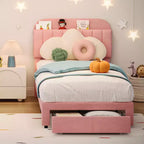 Twin Bed Frame with Drawer, Velvet Upholstered Platform Bed Frame with Storage Headboard, No Box Spring Needed, Easy Assembly