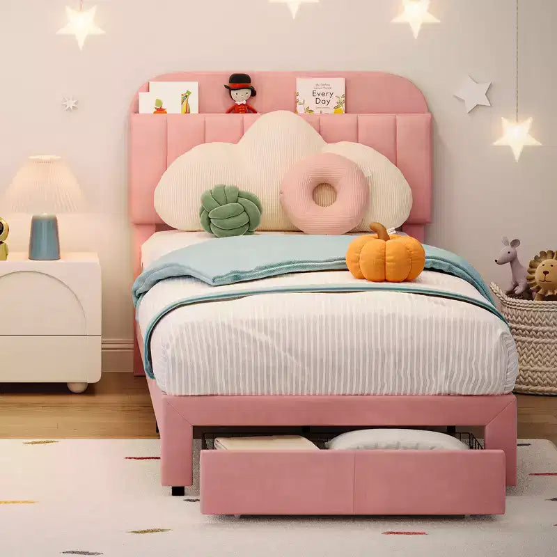 Twin Bed Frame with Drawer, Velvet Upholstered Platform Bed Frame with Storage Headboard, No Box Spring Needed, Easy Assembly