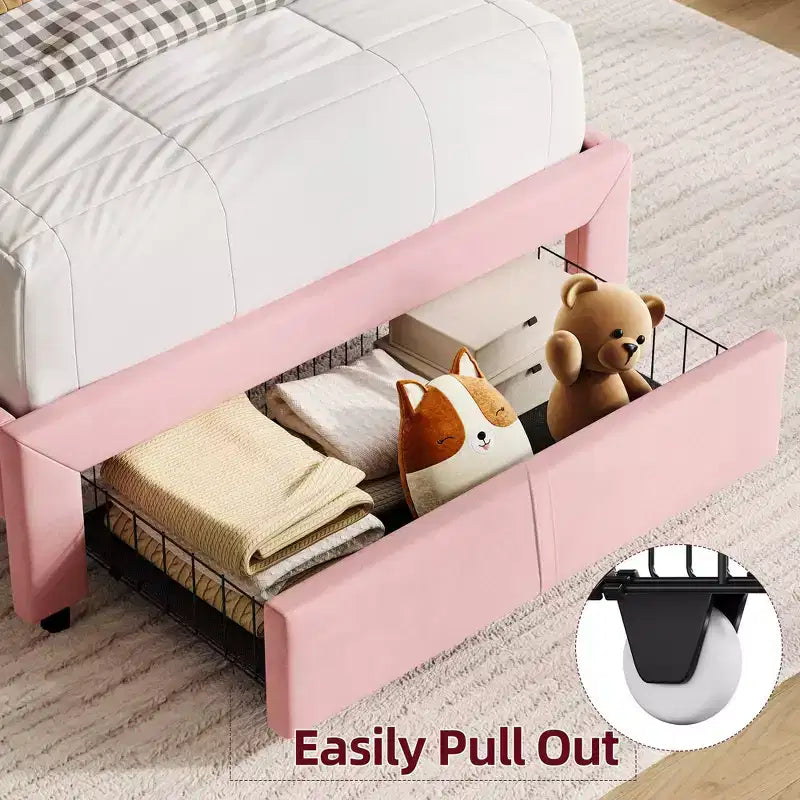 Twin Bed Frame with Drawer, Velvet Upholstered Platform Bed Frame with Storage Headboard, No Box Spring Needed, Easy Assembly