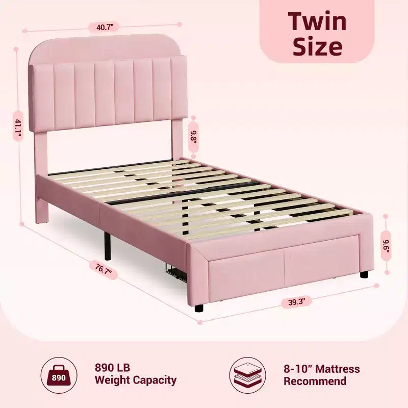 Twin Bed Frame with Drawer, Velvet Upholstered Platform Bed Frame with Storage Headboard, No Box Spring Needed, Easy Assembly