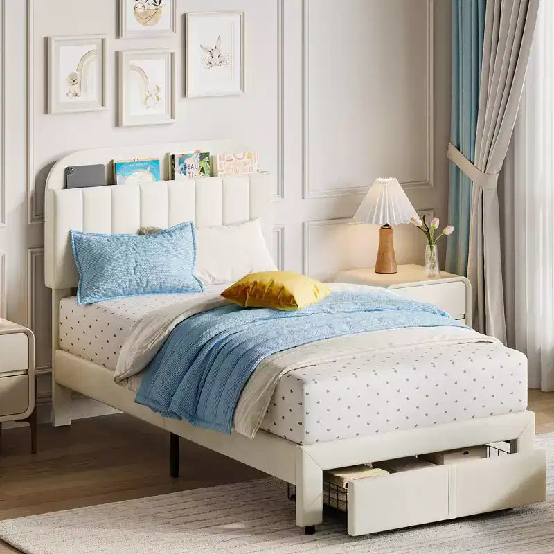 Twin Bed Frame with Drawer, Velvet Upholstered Platform Bed Frame with Storage Headboard, No Box Spring Needed, Easy Assembly