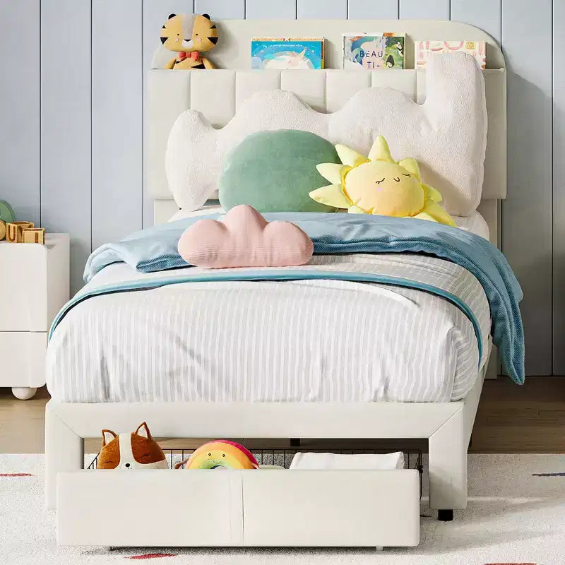 Twin Bed Frame with Drawer, Velvet Upholstered Platform Bed Frame with Storage Headboard, No Box Spring Needed, Easy Assembly