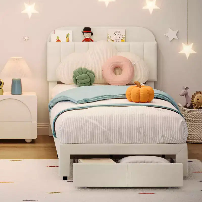Twin Bed Frame with Drawer, Velvet Upholstered Platform Bed Frame with Storage Headboard, No Box Spring Needed, Easy Assembly