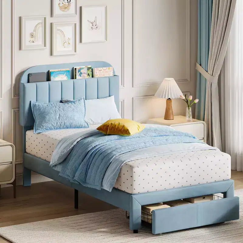 Twin Bed Frame with Drawer, Velvet Upholstered Platform Bed Frame with Storage Headboard, No Box Spring Needed, Easy Assembly