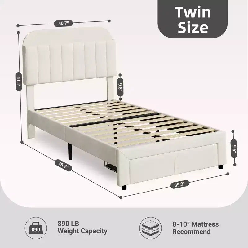 Twin Bed Frame with Drawer, Velvet Upholstered Platform Bed Frame with Storage Headboard, No Box Spring Needed, Easy Assembly