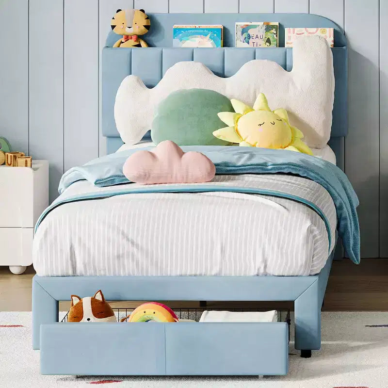 Twin Bed Frame with Drawer, Velvet Upholstered Platform Bed Frame with Storage Headboard, No Box Spring Needed, Easy Assembly