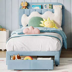 Twin Bed Frame with Drawer, Velvet Upholstered Platform Bed Frame with Storage Headboard, No Box Spring Needed, Easy Assembly
