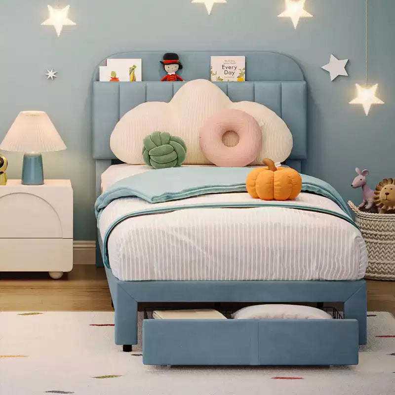 Twin Bed Frame with Drawer, Velvet Upholstered Platform Bed Frame with Storage Headboard, No Box Spring Needed, Easy Assembly