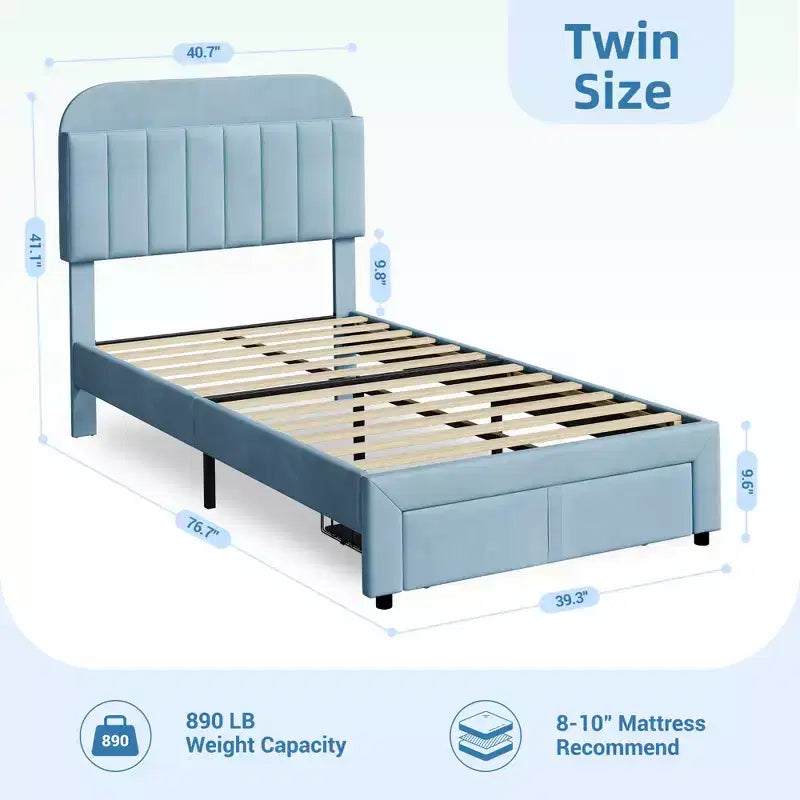 Twin Bed Frame with Drawer, Velvet Upholstered Platform Bed Frame with Storage Headboard, No Box Spring Needed, Easy Assembly