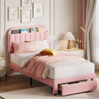 Twin Bed Frame with Drawer, Velvet Upholstered Platform Bed Frame with Storage Headboard, No Box Spring Needed, Easy Assembly
